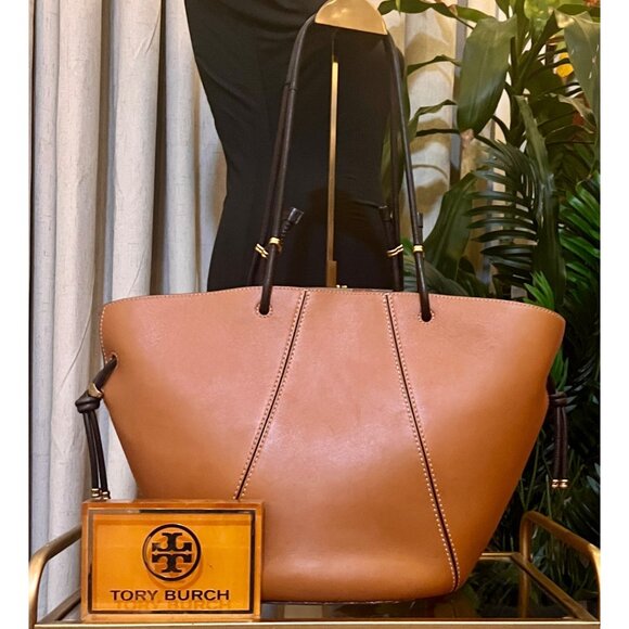 Tory Burch Leather Brown Shoulder Tote Bag with Spaghetti Straps - Picture 1 of 11